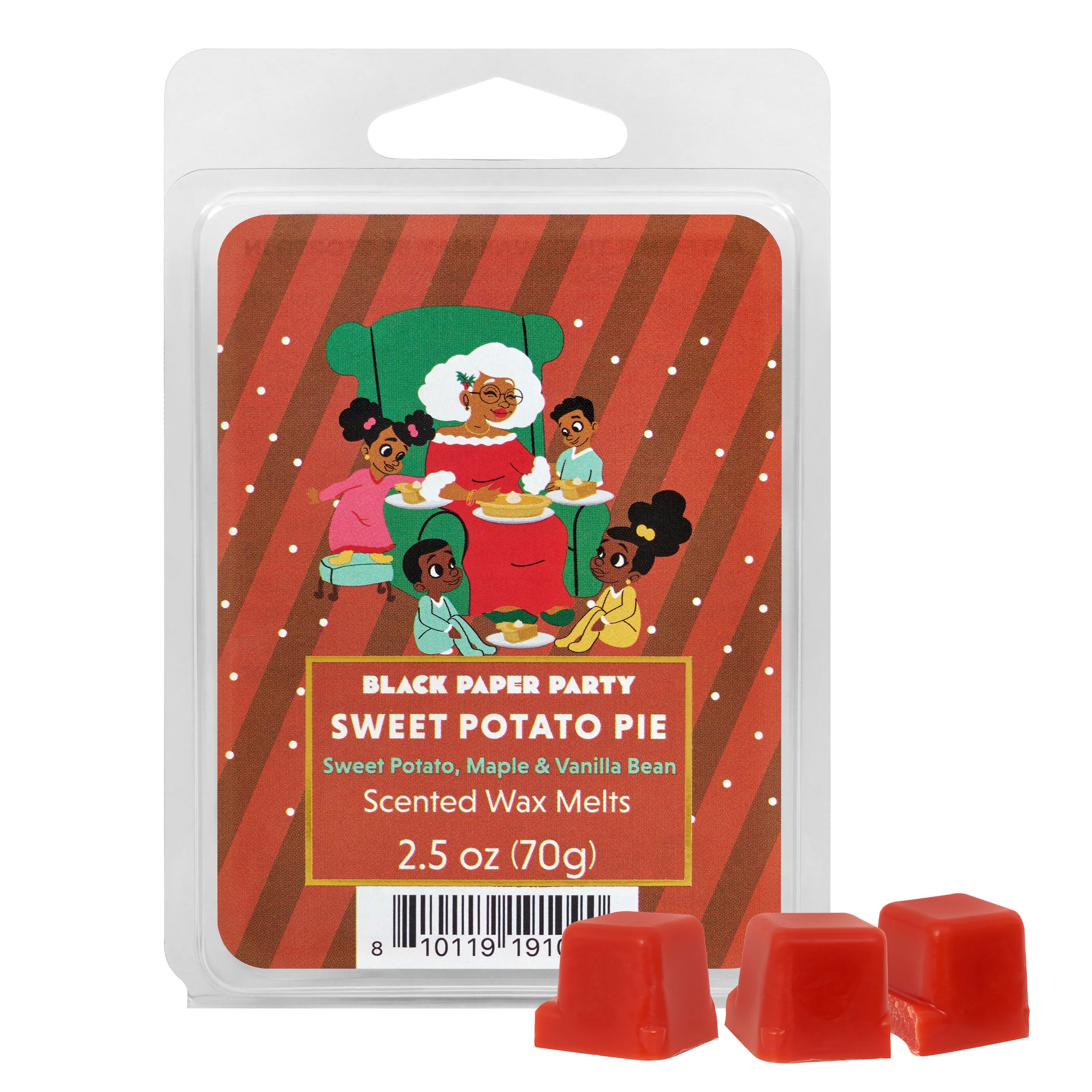 Scented wax melts packaging with illustration of a family and product details on a white background