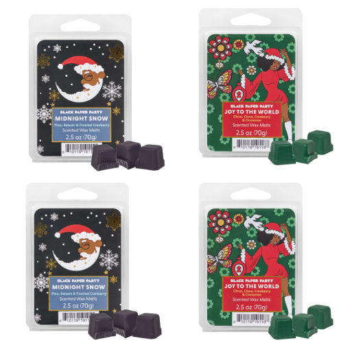 Four packages of scented wax melts with festive designs and branding.