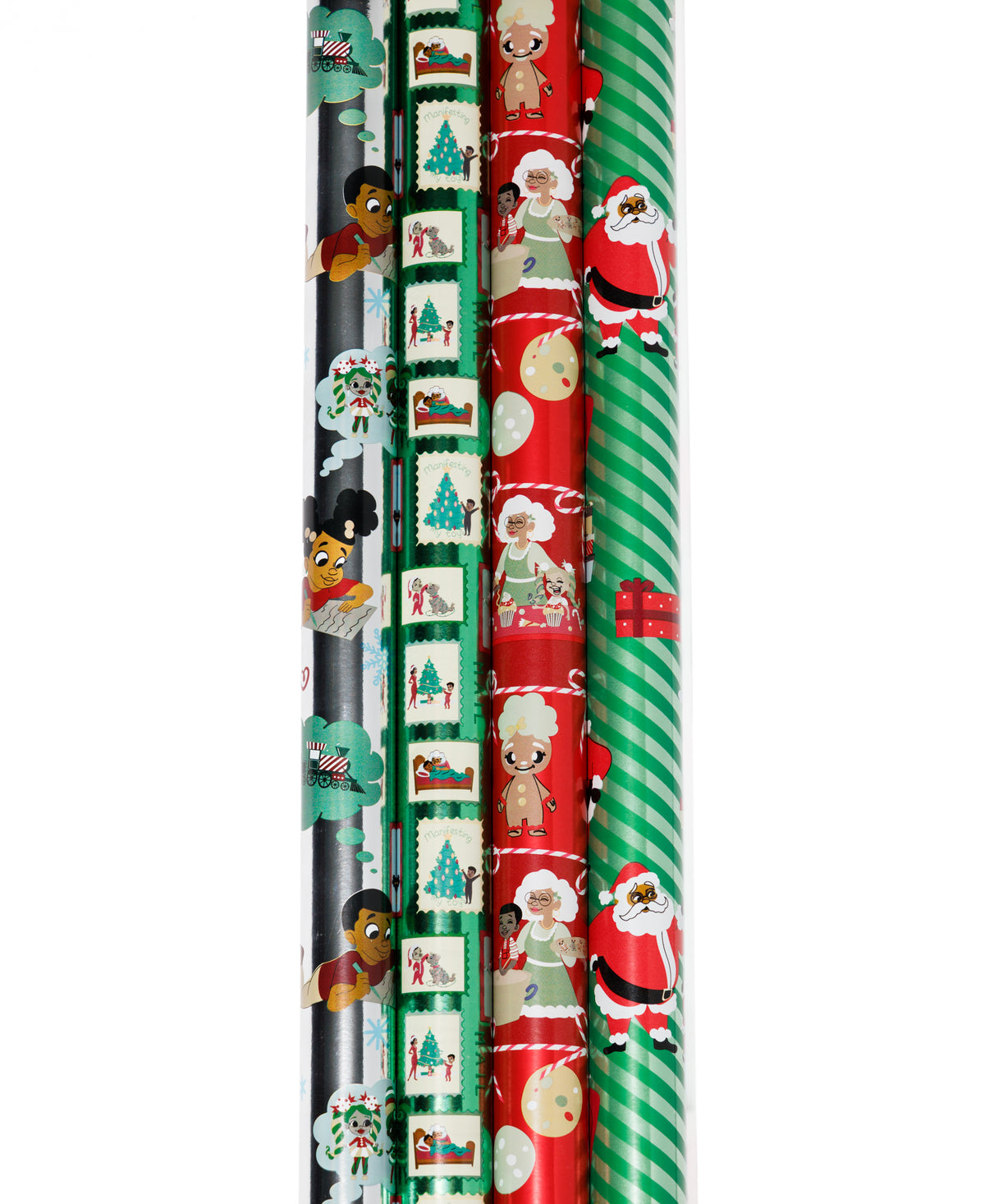 Black Paper Party Letters to Santa foil gift wrap set with four coordinating holiday wrapping paper rolls.