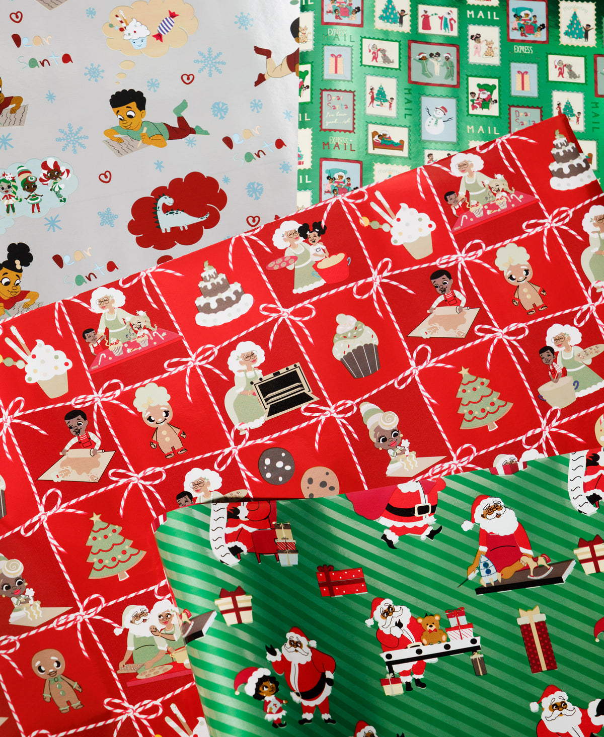 Four coordinating Letters to Santa holiday gift wrap patterns by Black Paper Party.