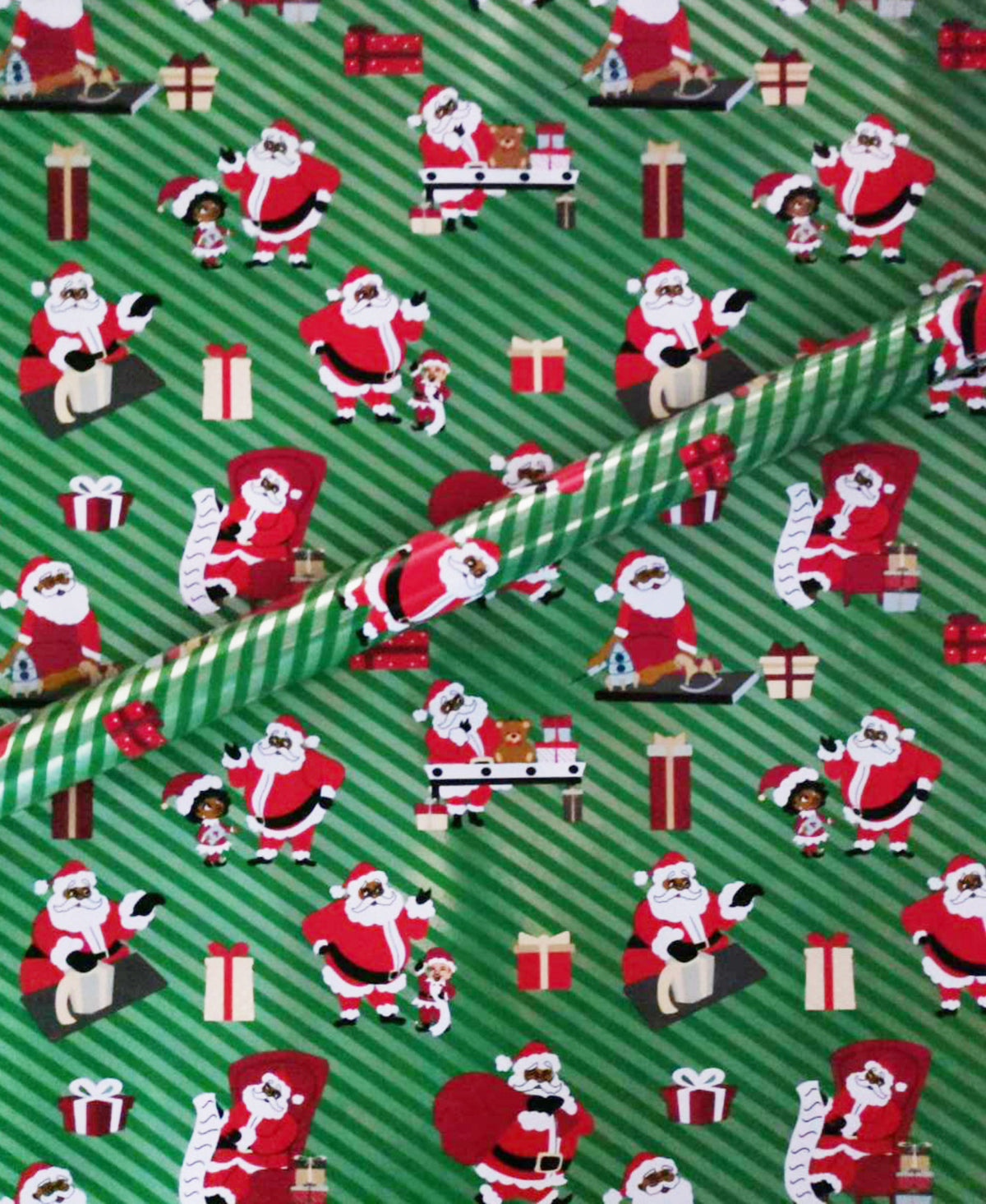 Letters to Santa gift wrap featuring Black Santa and gifts on a green background.