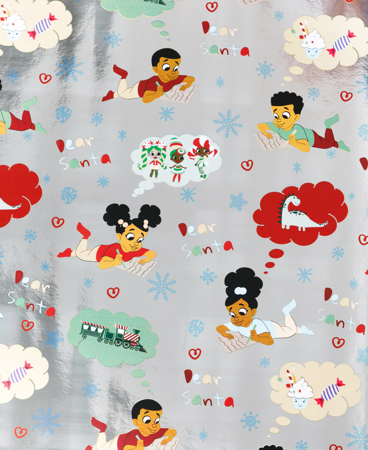 Letters to Santa gift wrap with illustrated Black children and angels on a pale blue background.
