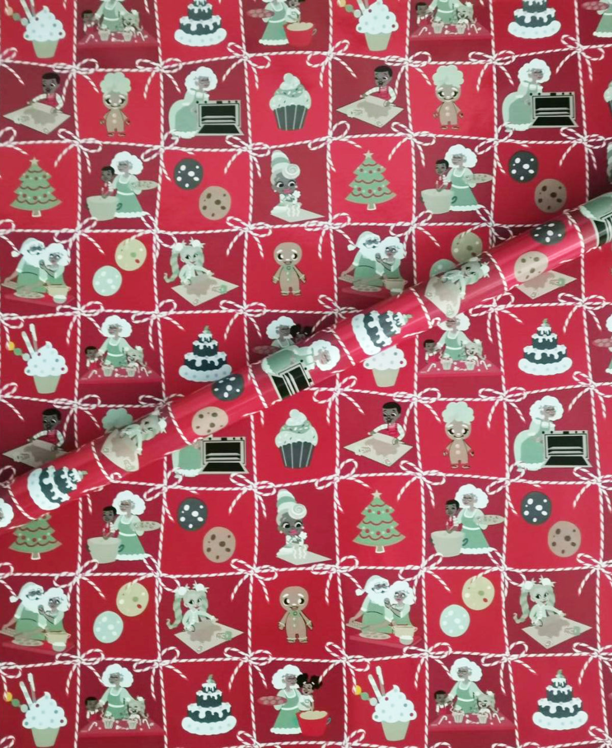 Letters to Santa gift wrap with holiday ornaments arranged in a red grid pattern.