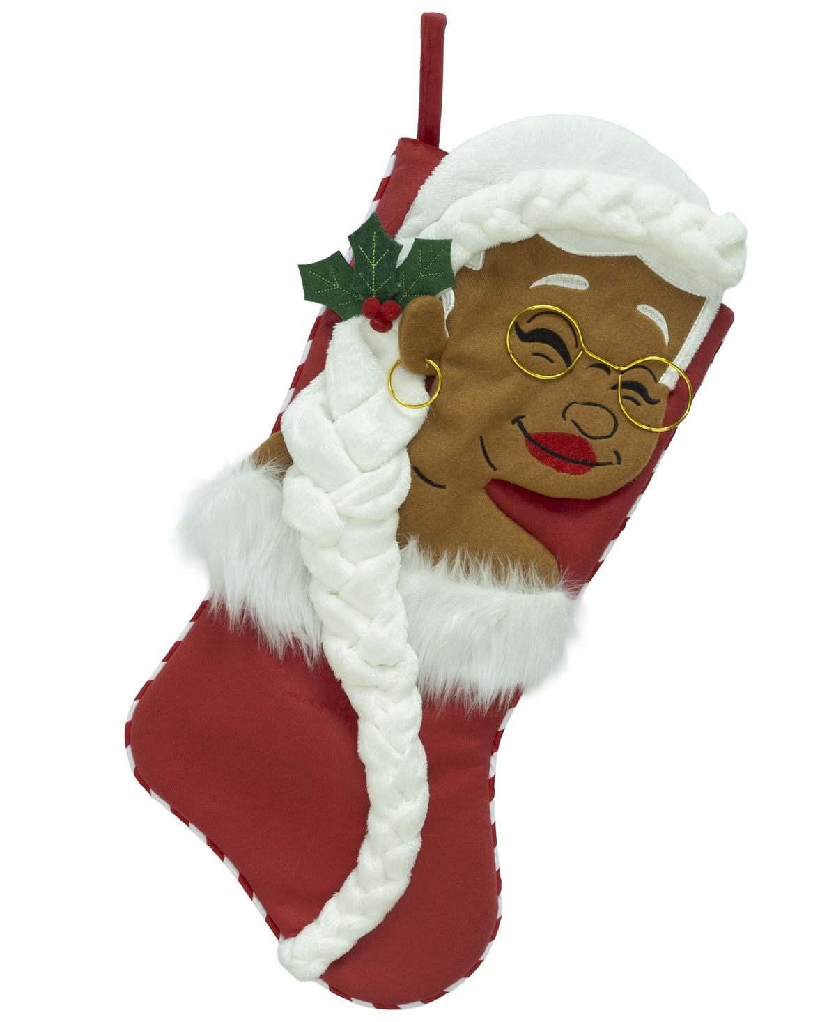 Black Paper Party Nana Klaus Letters to Santa red holiday stocking with white braids and gold glasses.