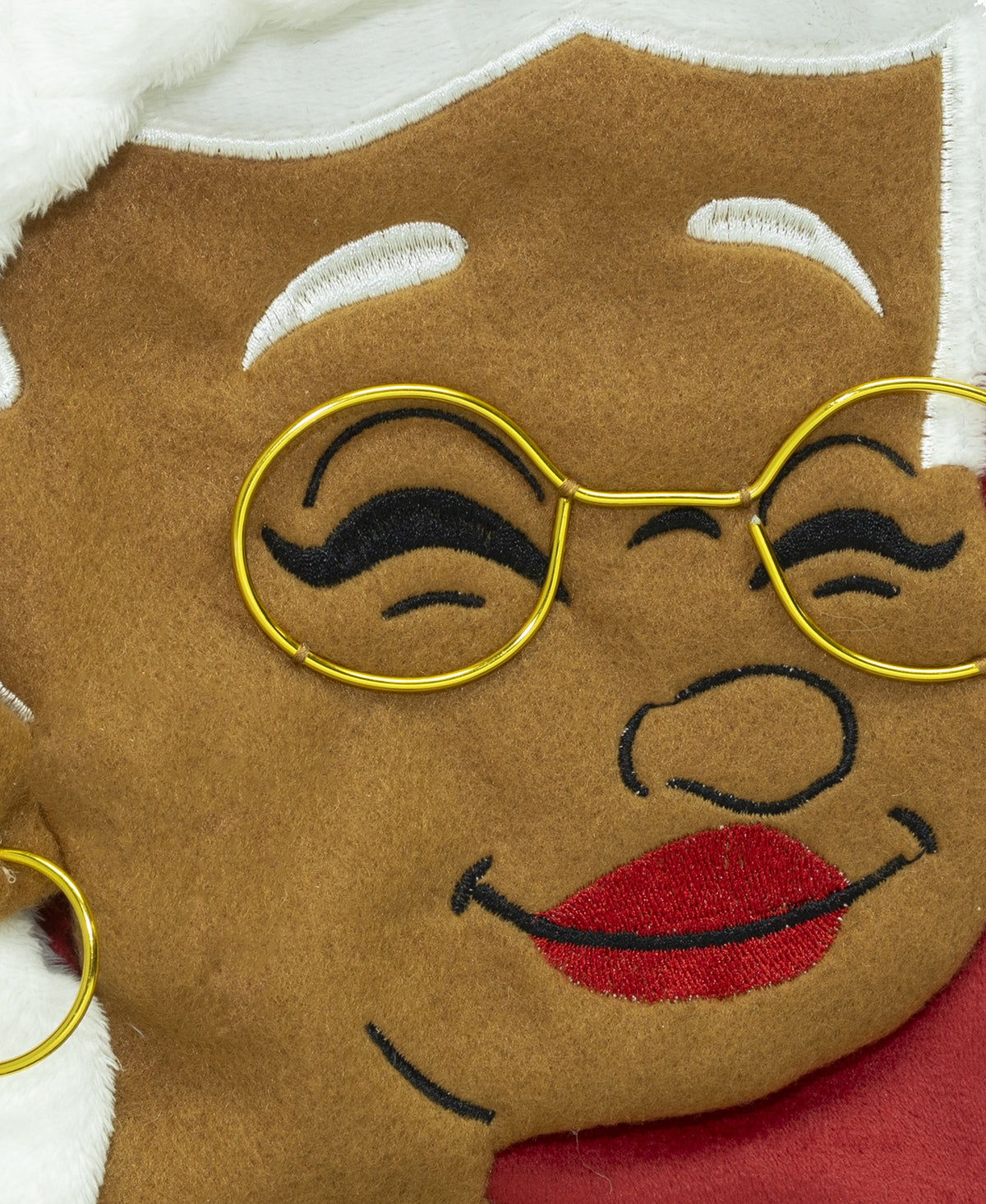 Close-up of Nana Klaus with gold glasses and white hair on the Letters to Santa stocking.