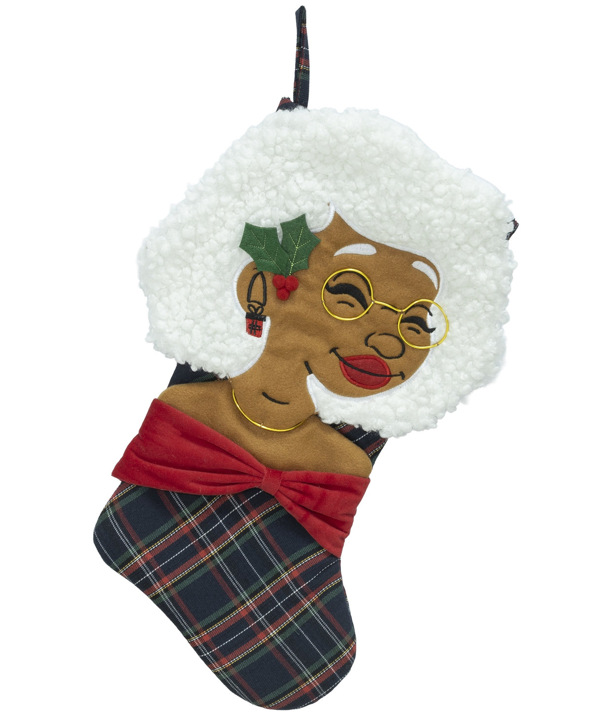 Black Paper Party Nana Klaus Noire Noel plaid holiday stocking with white hair, gold glasses and a red scarf.