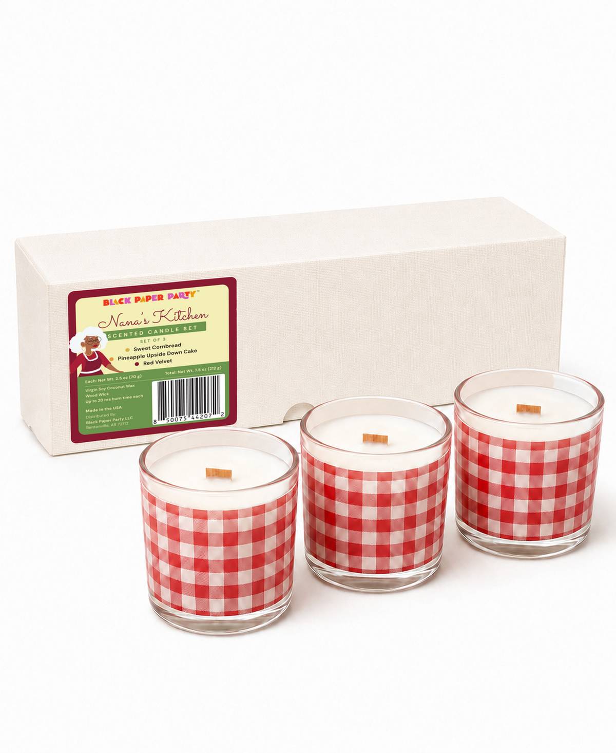 Black Paper Party Nana’s Kitchen three-candle gift set with red gingham glass vessels and a linen gift box.