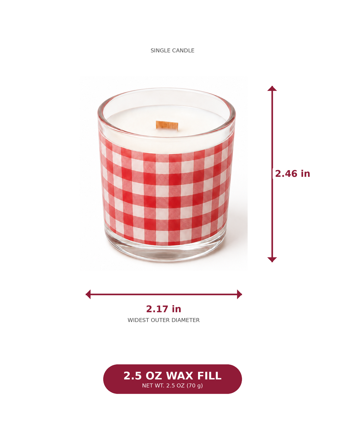 Nana’s Kitchen candle dimensions: 2.46 inches tall, 2.17 inches outer diameter and 2.5 ounces of wax per candle.