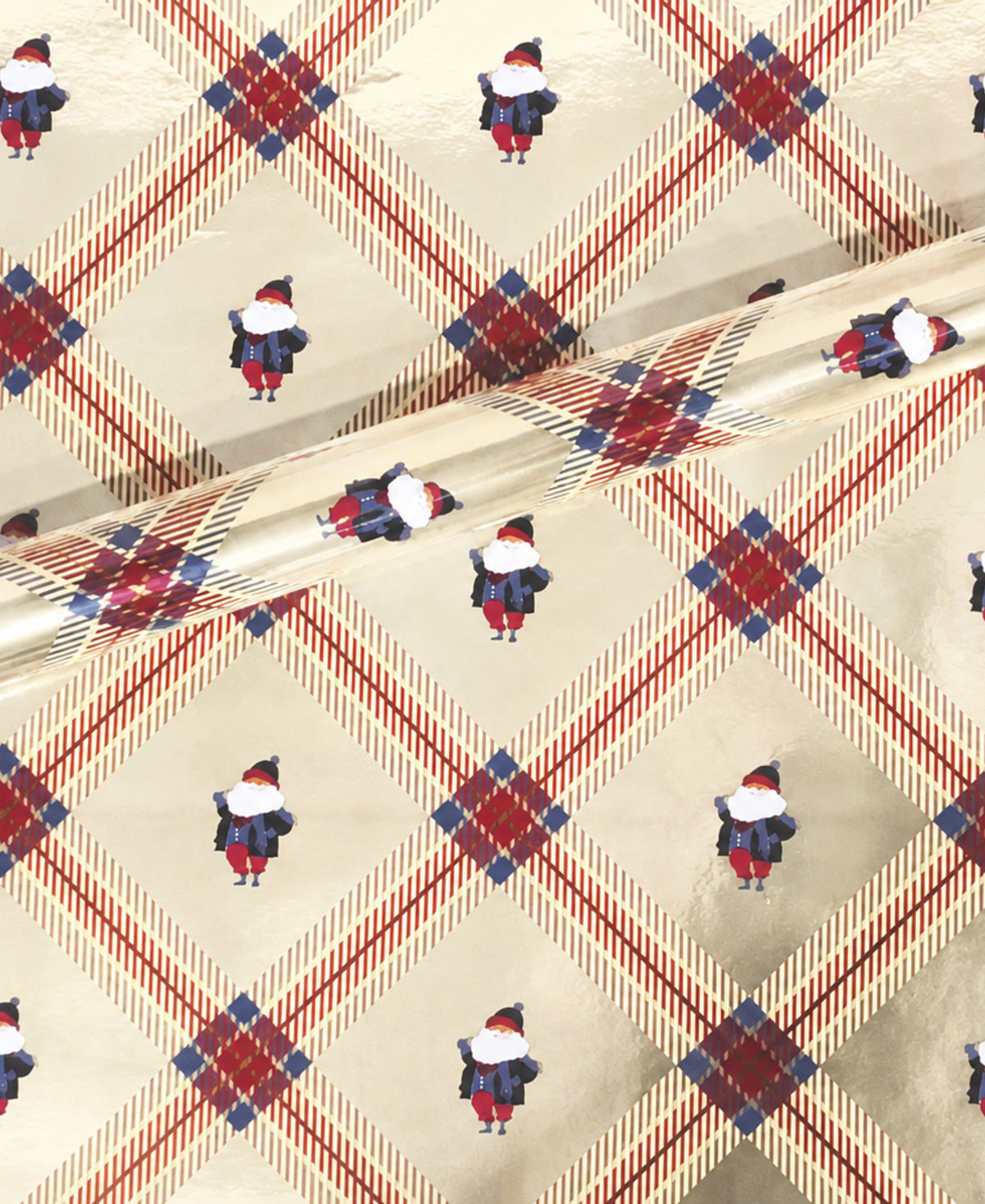 Noire Noel gift wrap with a cream plaid pattern and illustrated Black Santa faces.