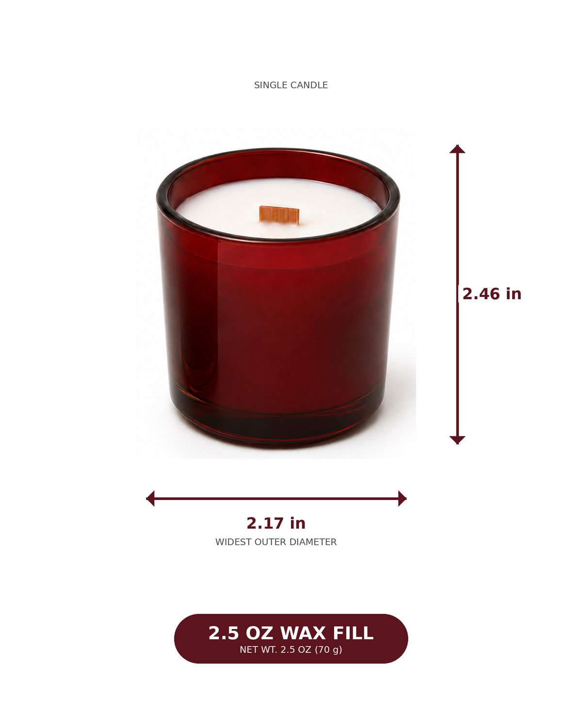 Noire Noel candle dimensions: 2.46 inches tall, 2.17 inches outer diameter and 2.5 ounces of wax per candle.