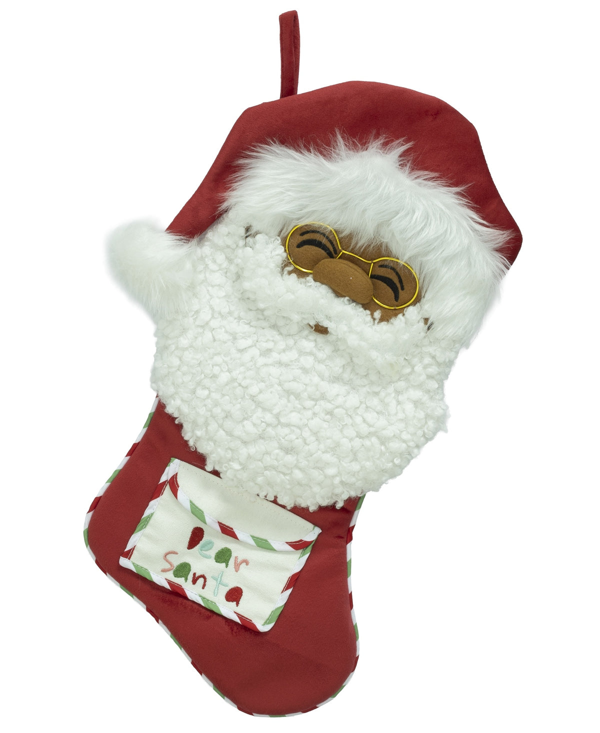 Black Paper Party Papa Klaus Letters to Santa red stocking with a Black Santa face and Dear Santa pocket.