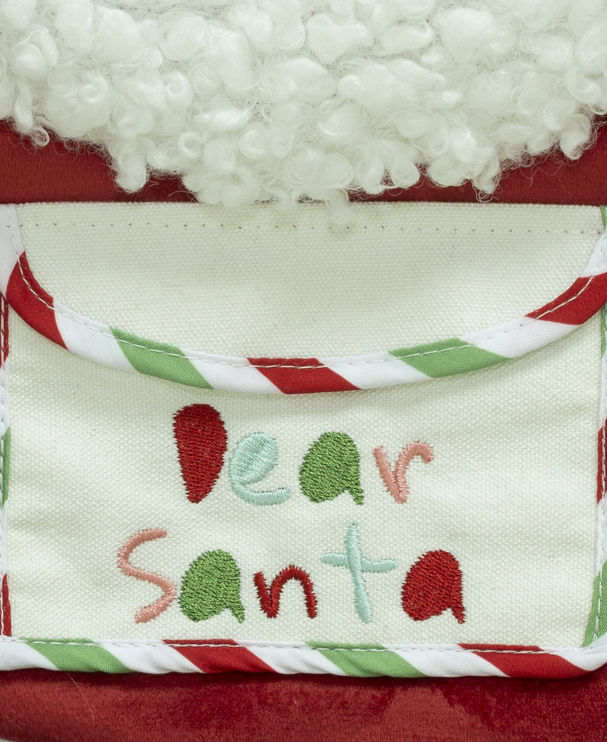 Dear Santa embroidered pocket on the Papa Klaus Letters to Santa holiday stocking.