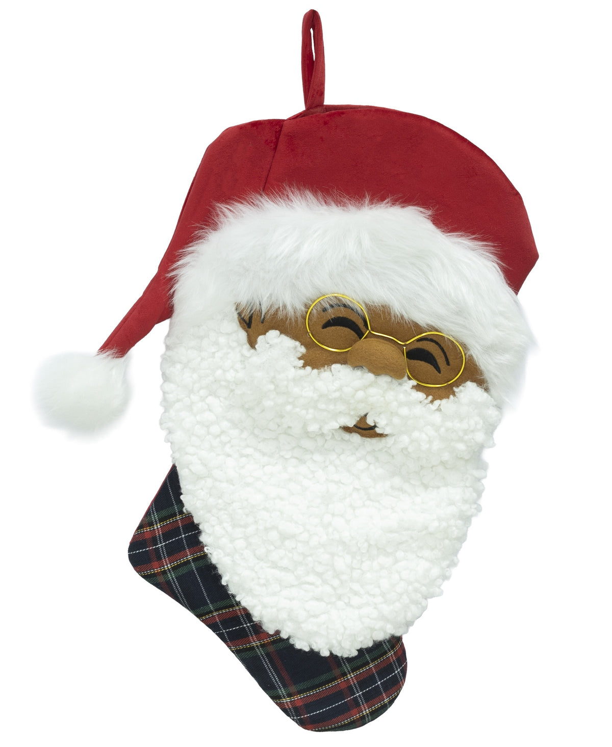 Black Paper Party Papa Klaus Noire Noel plaid holiday stocking with a Black Santa face, white beard and red hat.