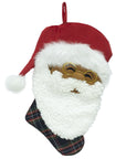 Black Paper Party Papa Klaus Noire Noel plaid holiday stocking with a Black Santa face, white beard and red hat.