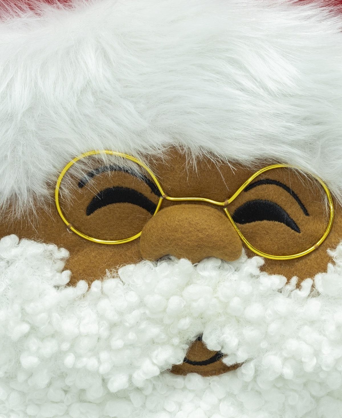 Close-up of Papa Klaus with glasses and a white beard on the Noire Noel stocking.