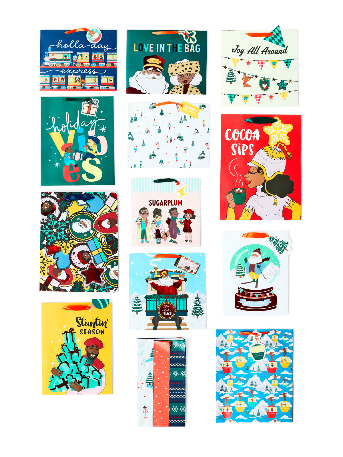 Black Paper Party Sugarplum Ski Lodge 13-piece set with twelve assorted holiday gift bags and a pack of tissue paper.