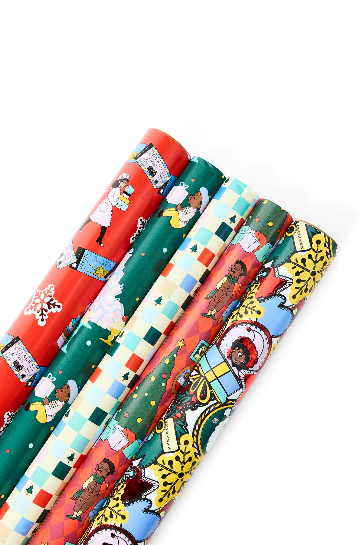 Black Paper Party Sugarplum Ski Lodge gift wrap bundle with five coordinating holiday wrapping paper rolls.