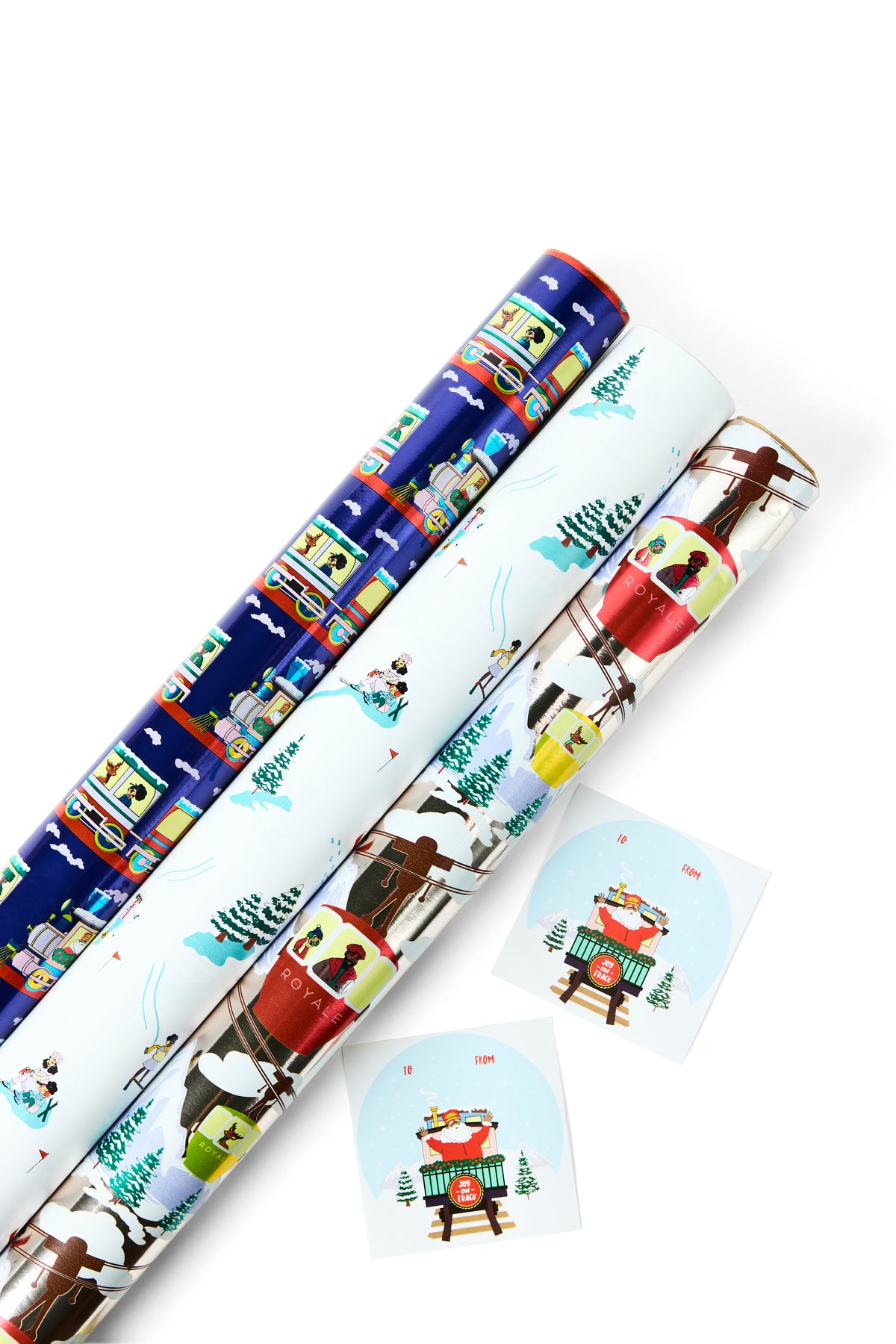 Black Paper Party We Outside foil gift wrap set with three rolls featuring train, ski and cable car designs and coordinating gift tags.