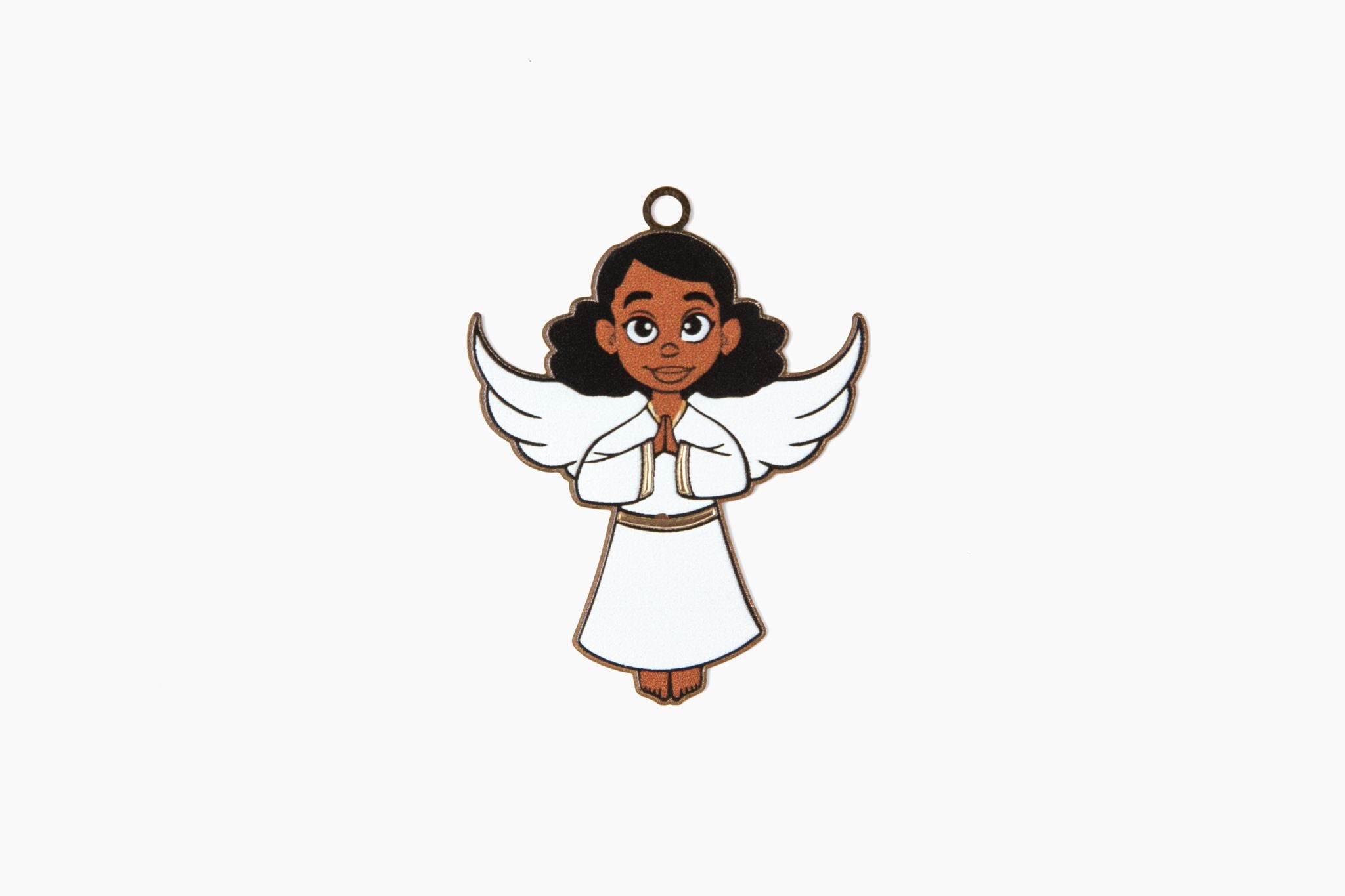 an ornament front featuring a black angel in a white dress and wing
