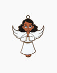 an ornament front featuring a black angel in a white dress and wing