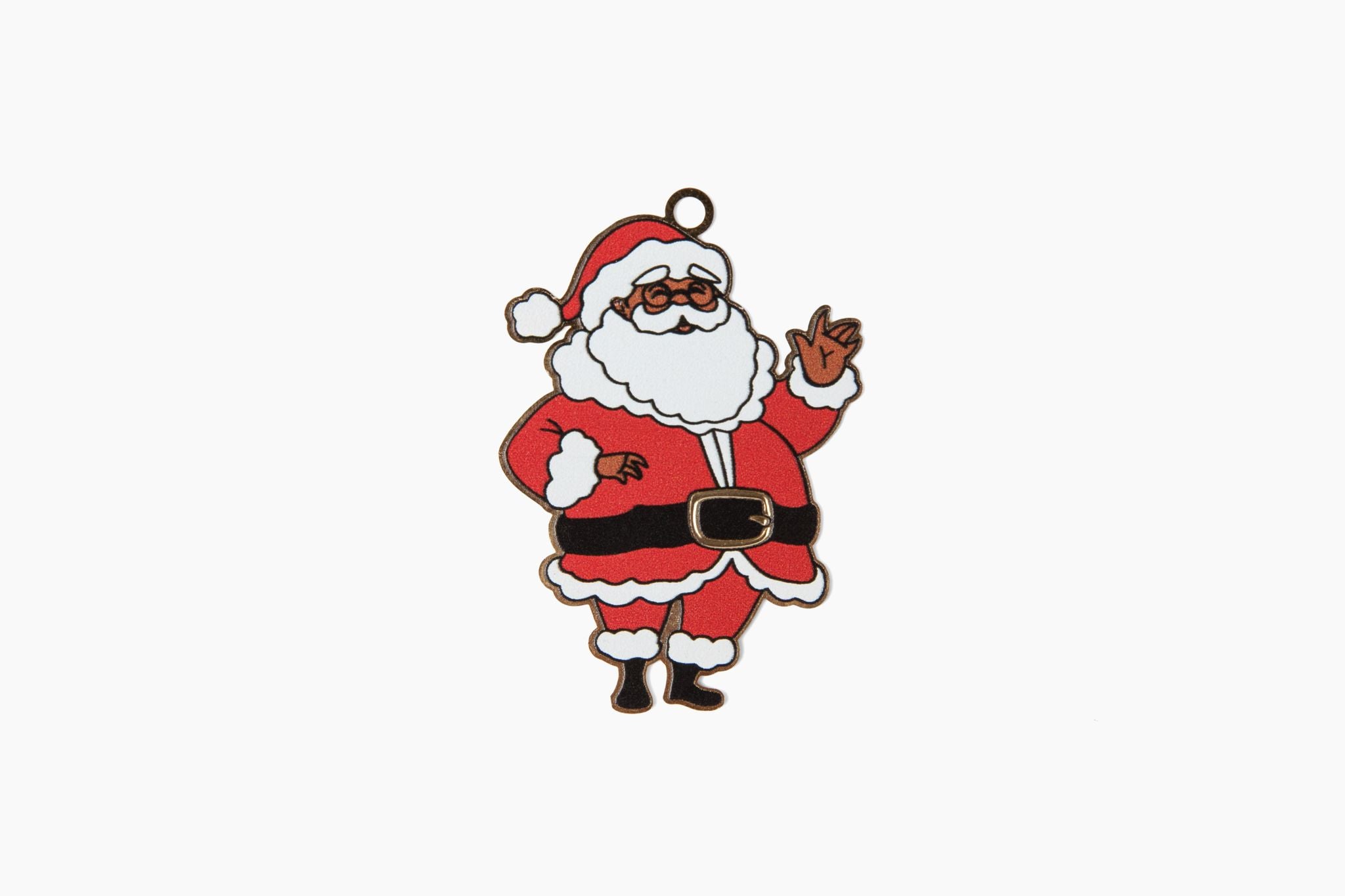an ornament front featuring a black santa calus in his suit