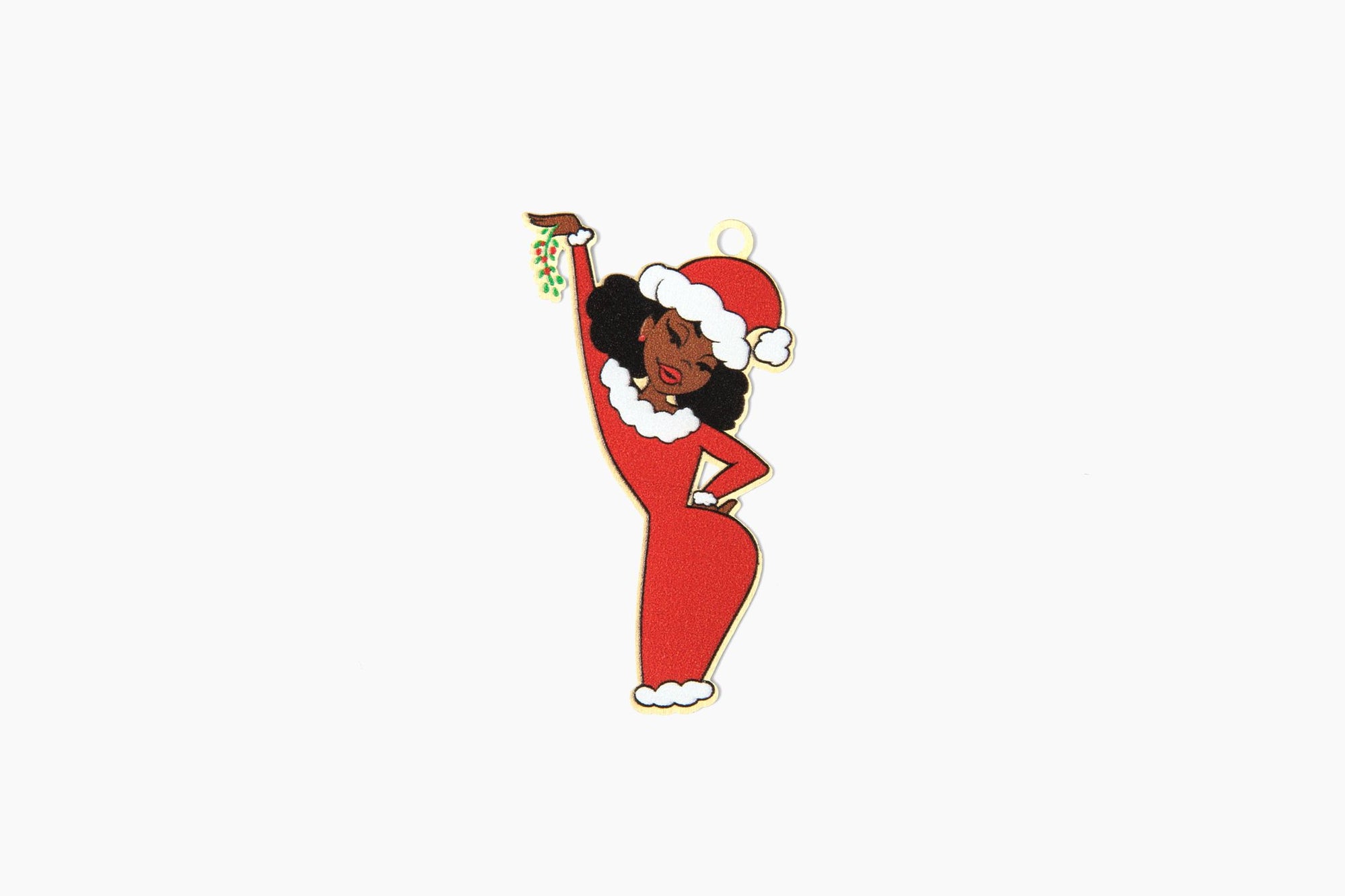 an ornament front featuring  a black women in a red dress and Santa hat holding a mistletoe in the air