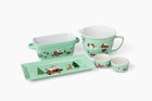 a set of 5 teal ceramic cookware items all adorned with black people illustrations. 