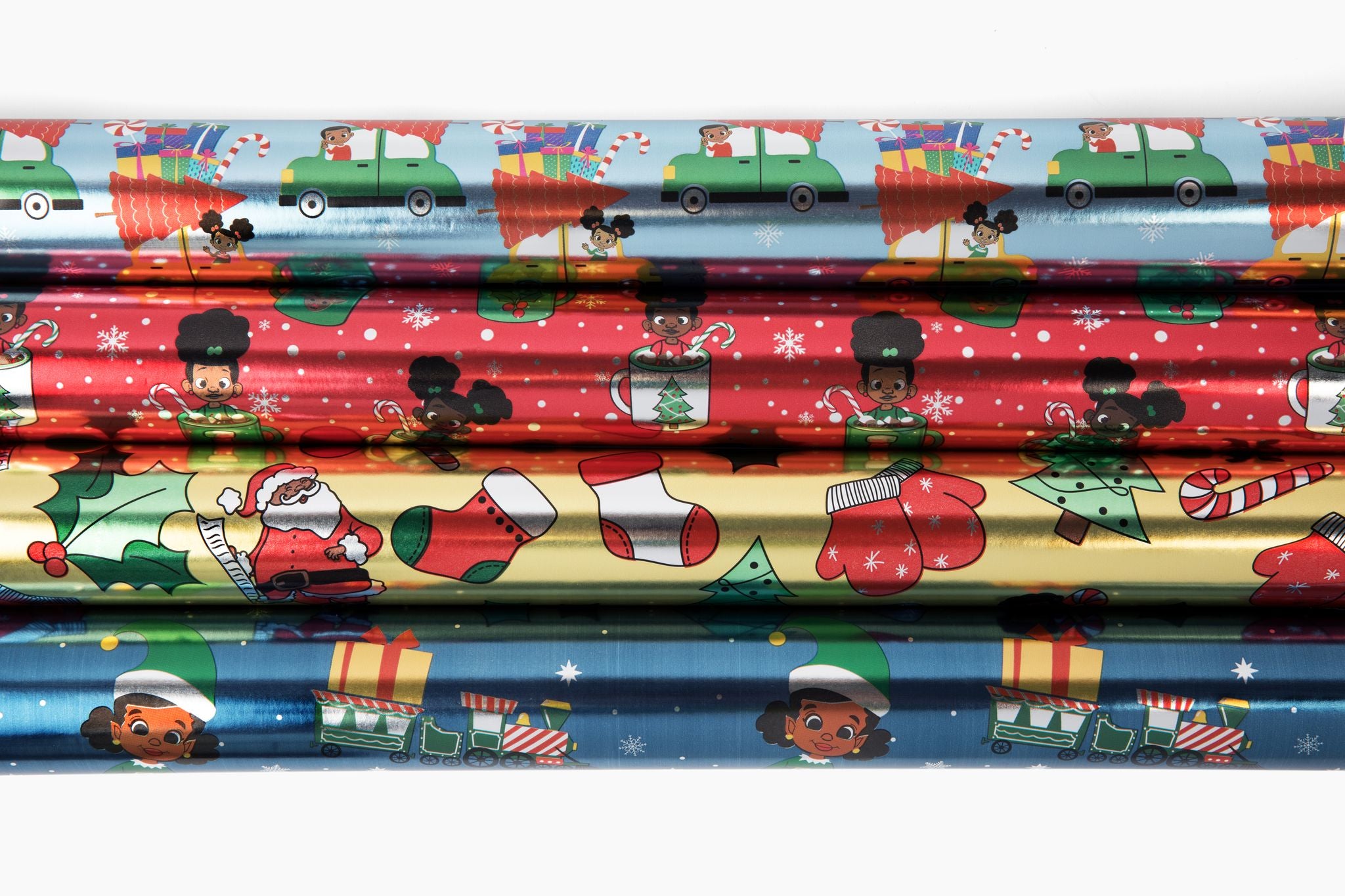 4 roles of foil holiday wrapping paper, all adorned with black people illustrations and stack horizontally on top of each other